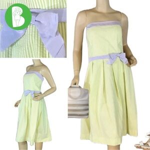 TALBOTS STRAPLESS GREEN W/ LIGHT BLUE TRIM & WHITE SEER SUCKER STRIPE DRESS (12)